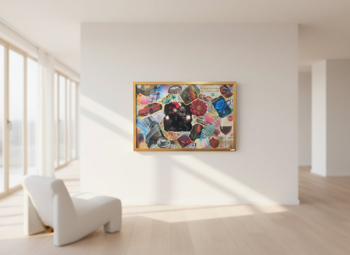 Dreamgirl Vision Board original mixed-media collage by CatArts displayed in a bright, minimalist modern lounge.