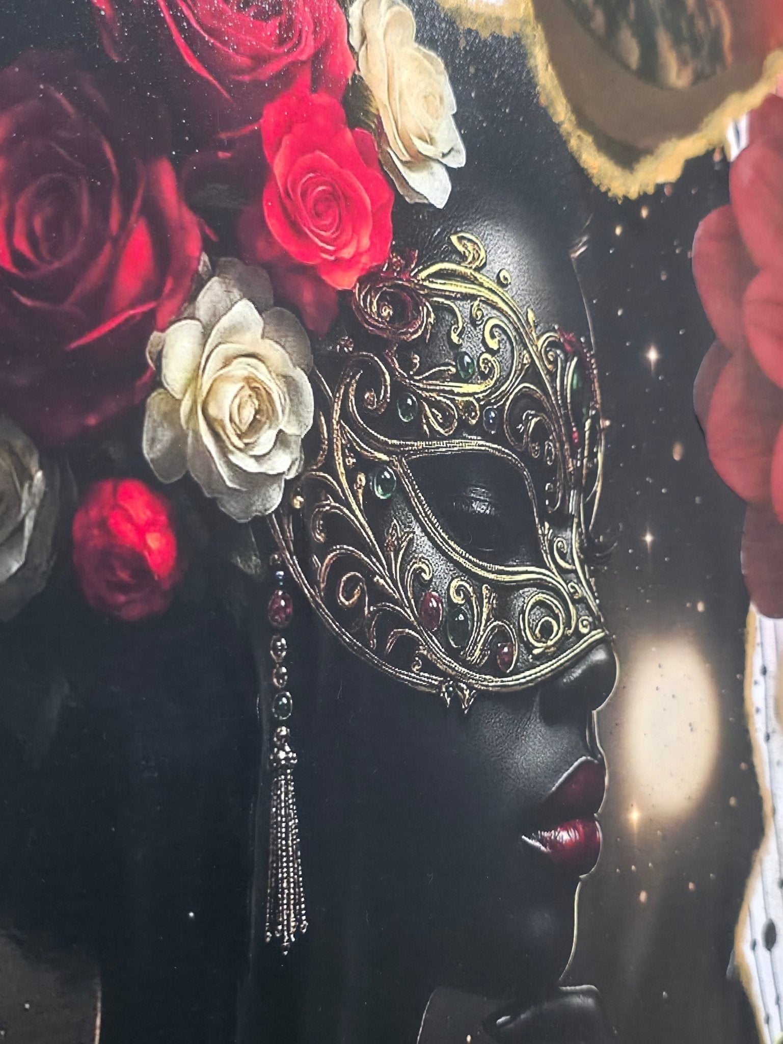 Detailed view of the central masquerade figure and hand-torn gold leaf edges on the Dreamgirl collage