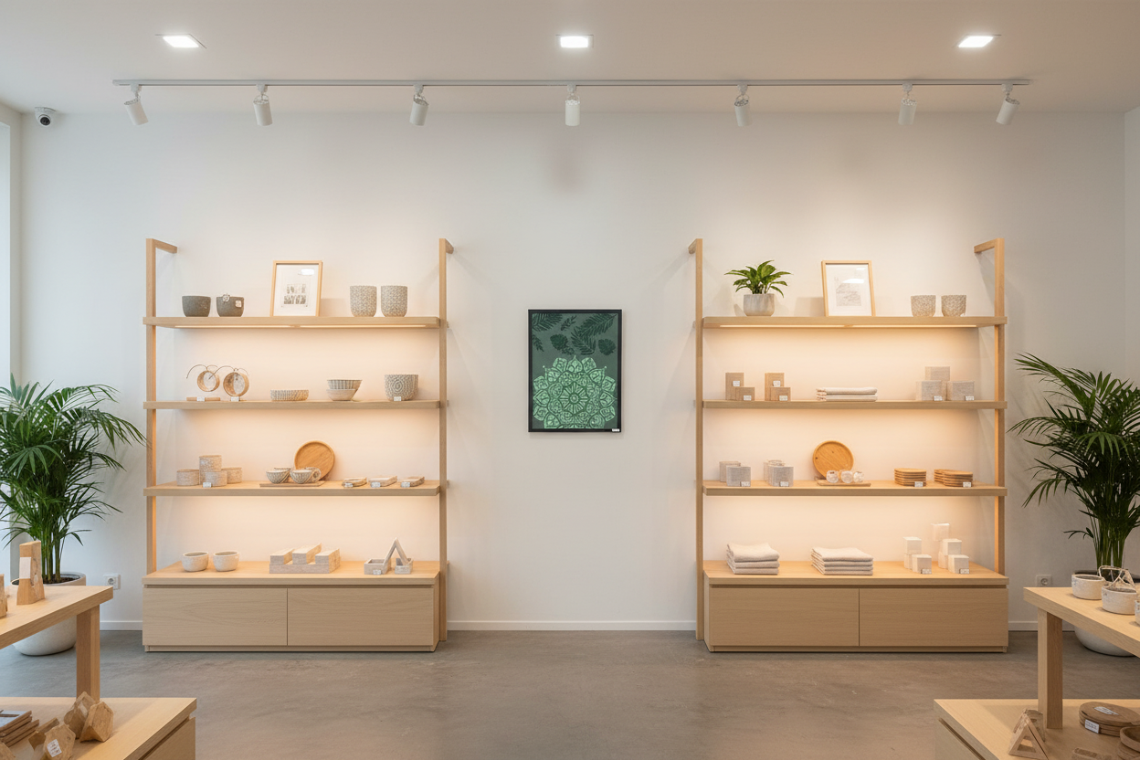 CatArts original Emerald Mandala Garden artwork displayed in a high-end boutique gallery setting