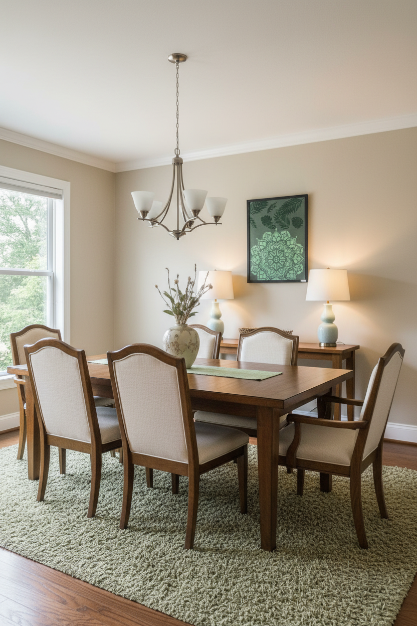 Green botanical abstract painting styled in a classic luxury dining room with warm lighting