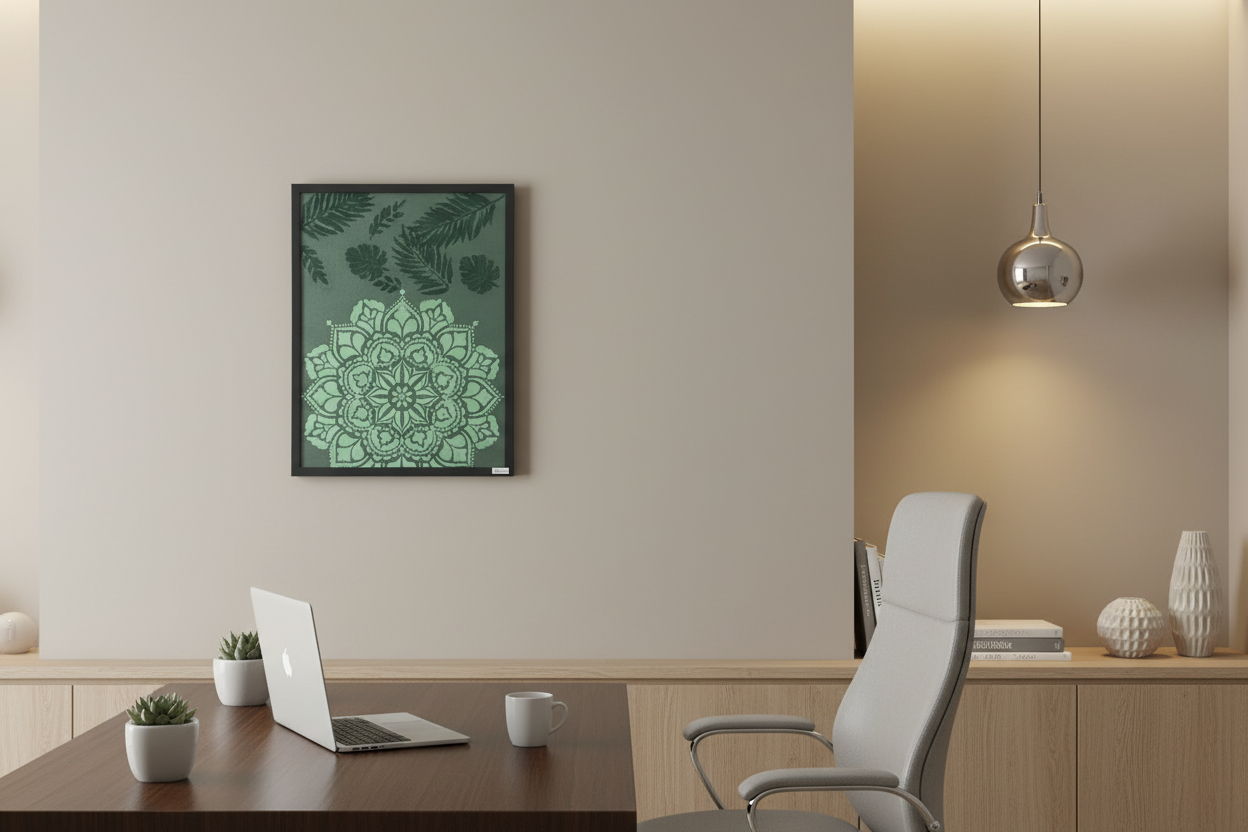 Emerald Mandala Garden original botanical painting in a black frame styled in a minimalist executive home office