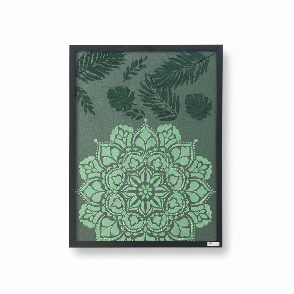 Full front view of Emerald Mandala Garden, showing the textured lime mandala and tropical leaf details.