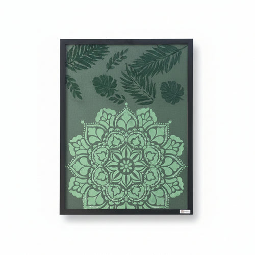 Full front view of Emerald Mandala Garden, showing the textured lime mandala and tropical leaf details.