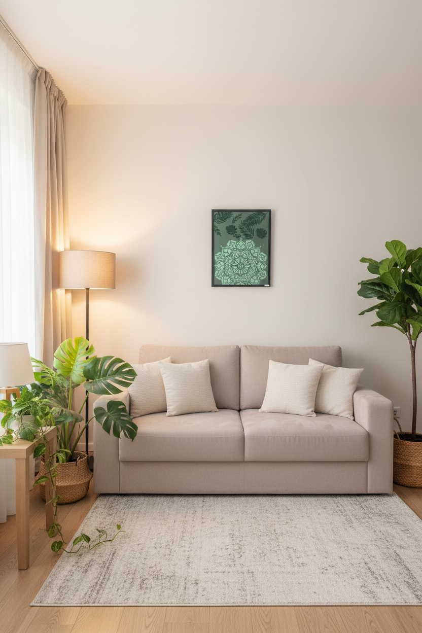 Textured green mandala and botanical art 'Emerald Mandala Garden' hanging in a serene, modern living room