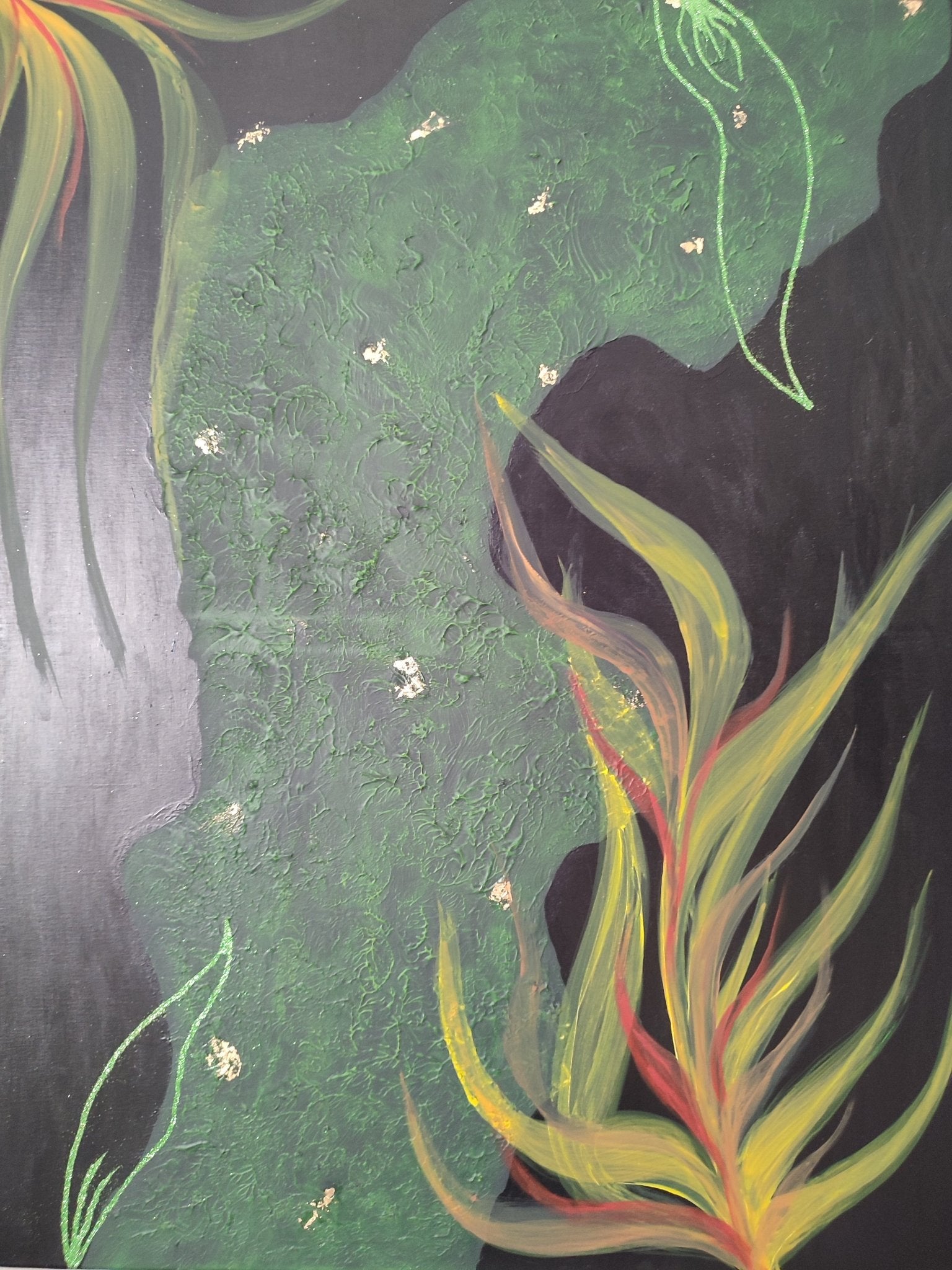 Detailed view of the high-relief green texture and hand-applied gold leaf accents on the Emerald Nocturne canvas