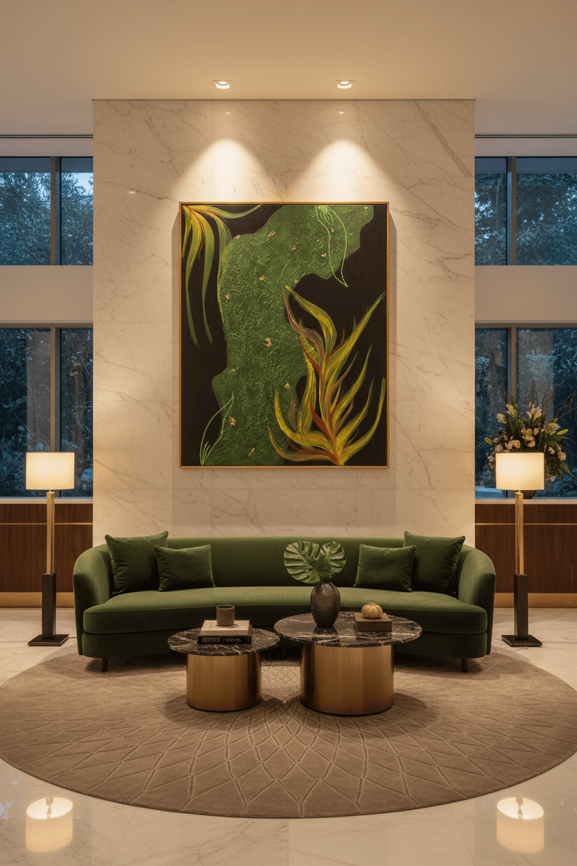 Emerald Nocturne large original abstract painting in green and gold, displayed in a luxury marble lobby above a dark green sofa
