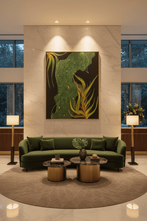 Emerald Nocturne large original abstract painting in green and gold, displayed in a luxury marble lobby above a dark green sofa
