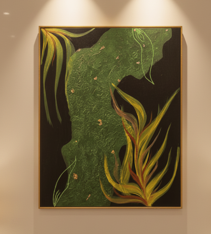 Framed artwork of green leaves on a beige wall