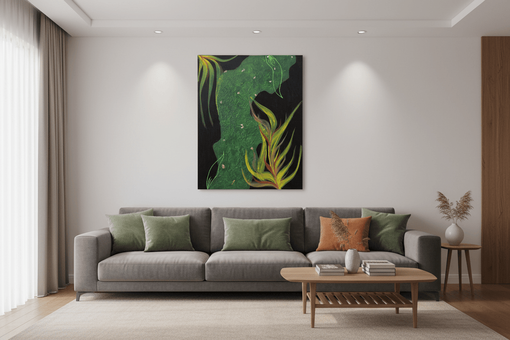 Vertical green and black abstract wall art 'Emerald Nocturne' styled in a minimalist living room with contemporary furniture