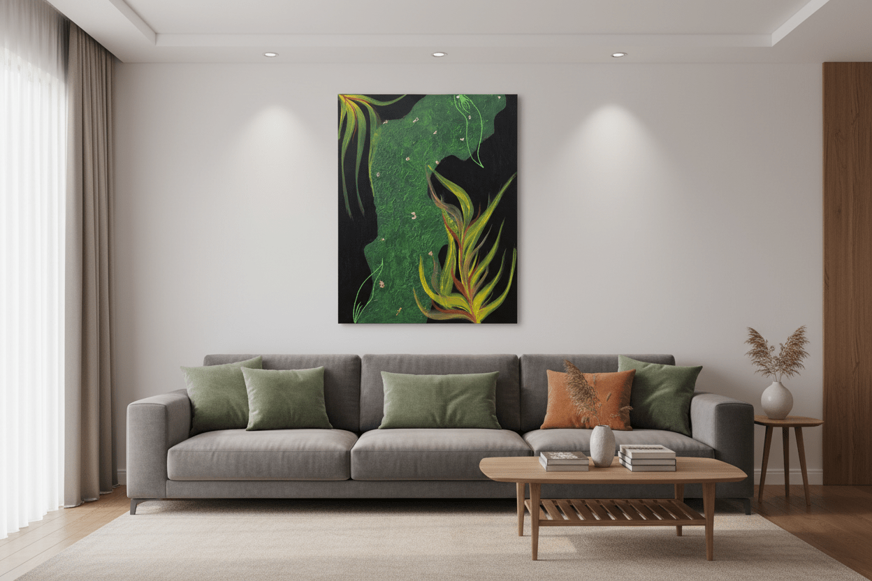 Vertical green and black abstract wall art 'Emerald Nocturne' styled in a minimalist living room with contemporary furniture