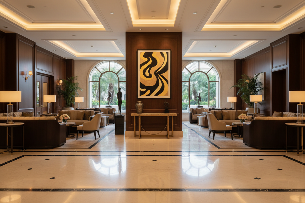 Large horizontal black and gold wall art 'Gilded Tides' displayed in a high-end luxury reception area with wood paneling