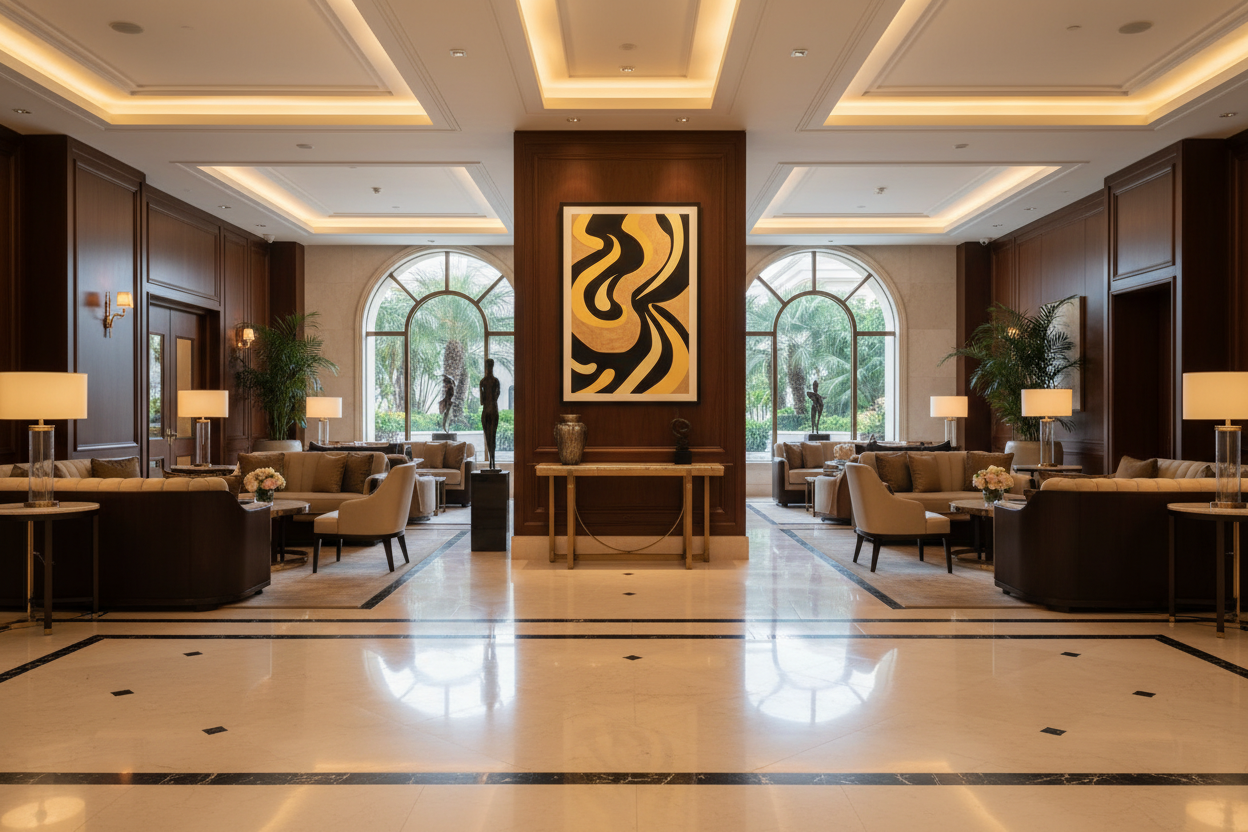 Large horizontal black and gold wall art 'Gilded Tides' displayed in a high-end luxury reception area with wood paneling