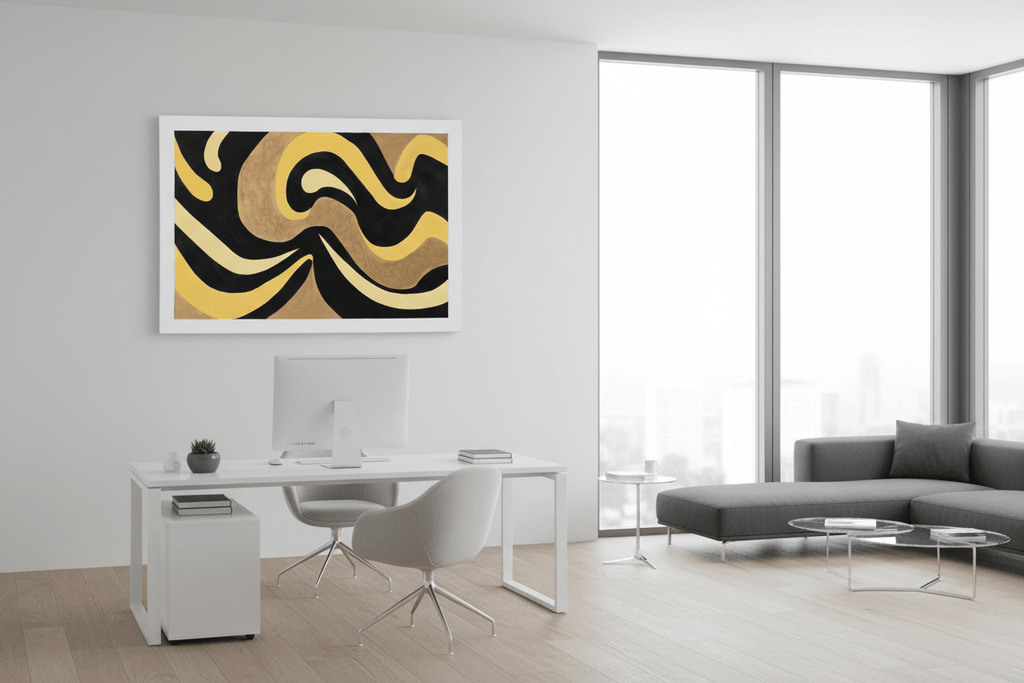 Gilded Tides original black and gold flowing abstract painting styled in a minimalist white home office