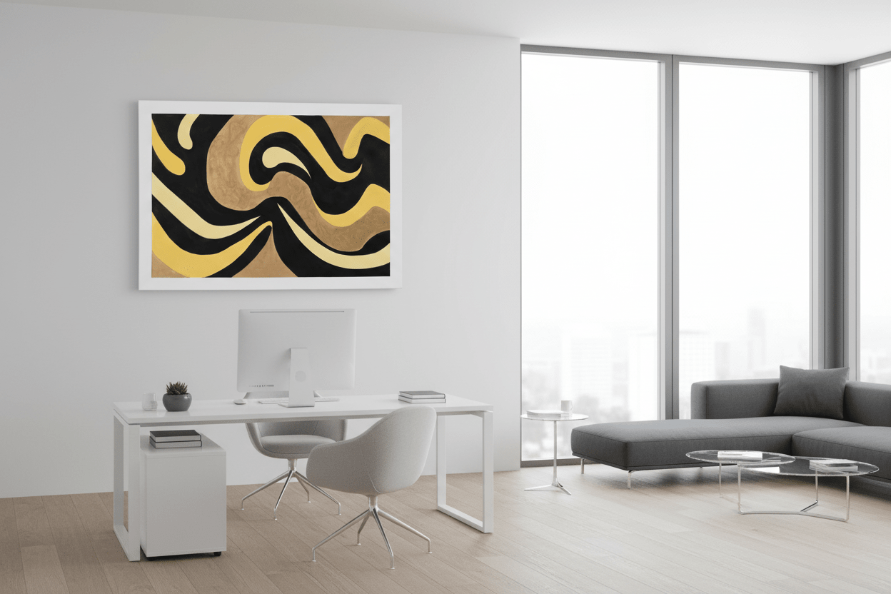 Gilded Tides original black and gold flowing abstract painting styled in a minimalist white home office