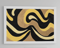 Abstract art print with wavy lines in black, gold, and beige on a gray background