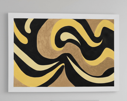 Abstract art print with wavy lines in black, gold, and beige on a gray background