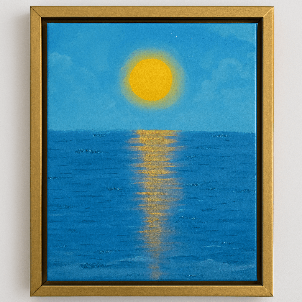Full front view of Golden Horizon original artwork in a prestigious gold frame, highlighting the sun's reflection.