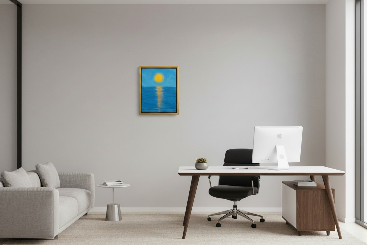 Nautical abstract art 'Golden Horizon' styled in a clean modern office workspace with a wooden desk.