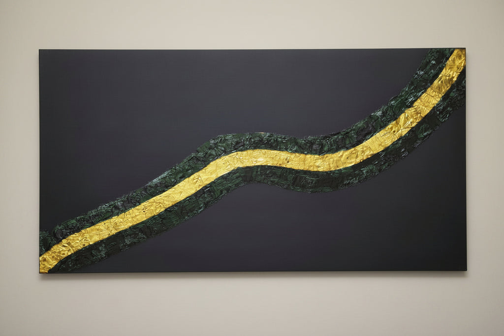 Full front view of Golden River original artwork, showcasing the winding 3D gold and green texture against a matte black background.