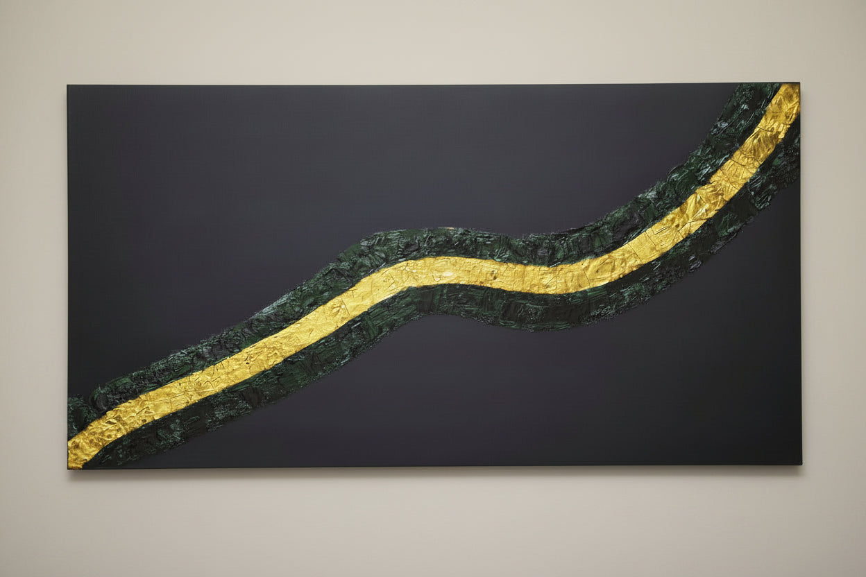 Full front view of Golden River original artwork, showcasing the winding 3D gold and green texture against a matte black background.