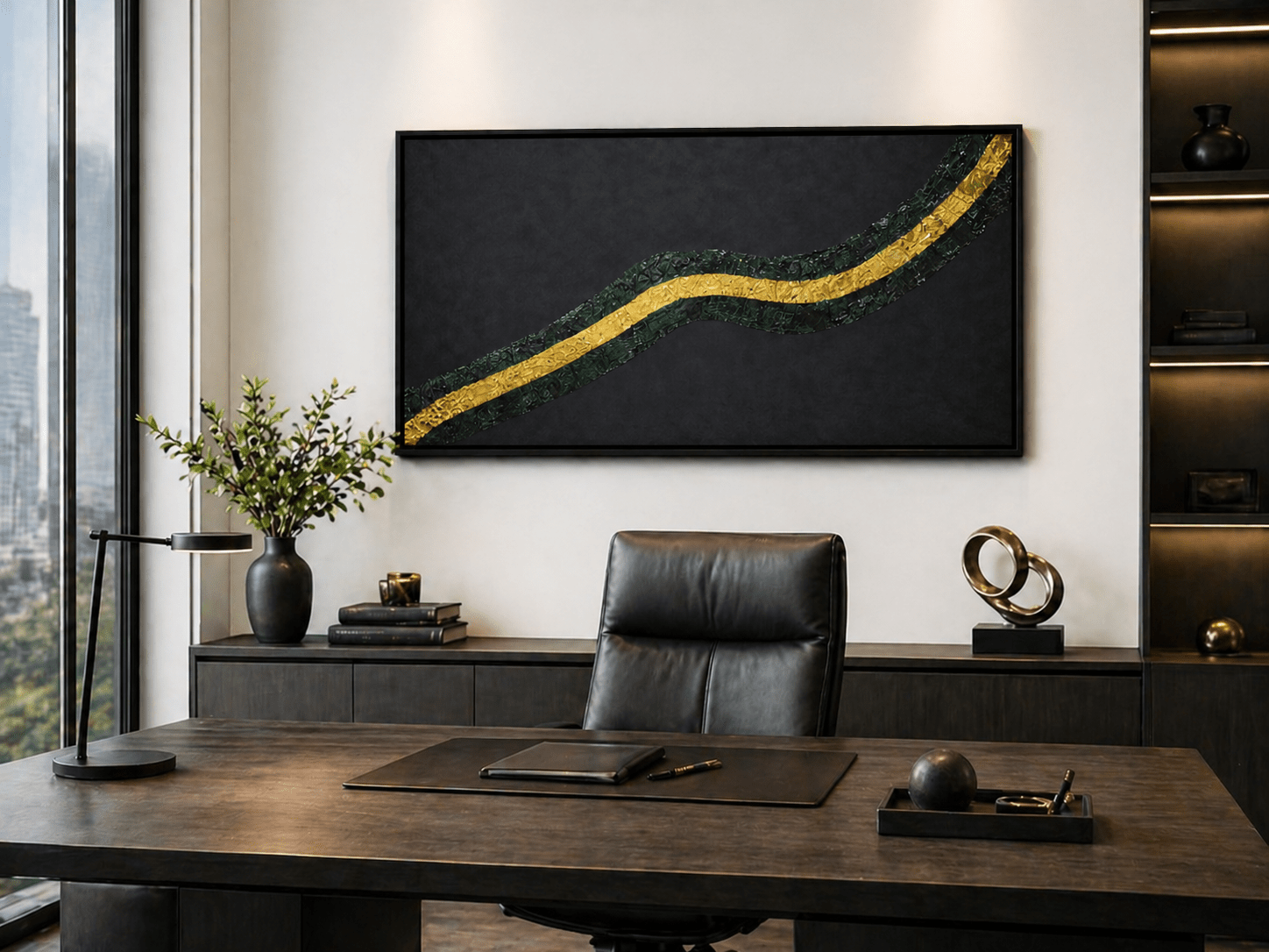 CatArts Golden River abstract wall art with metallic gold textures displayed in a high-end executive office setting above a dark wood desk