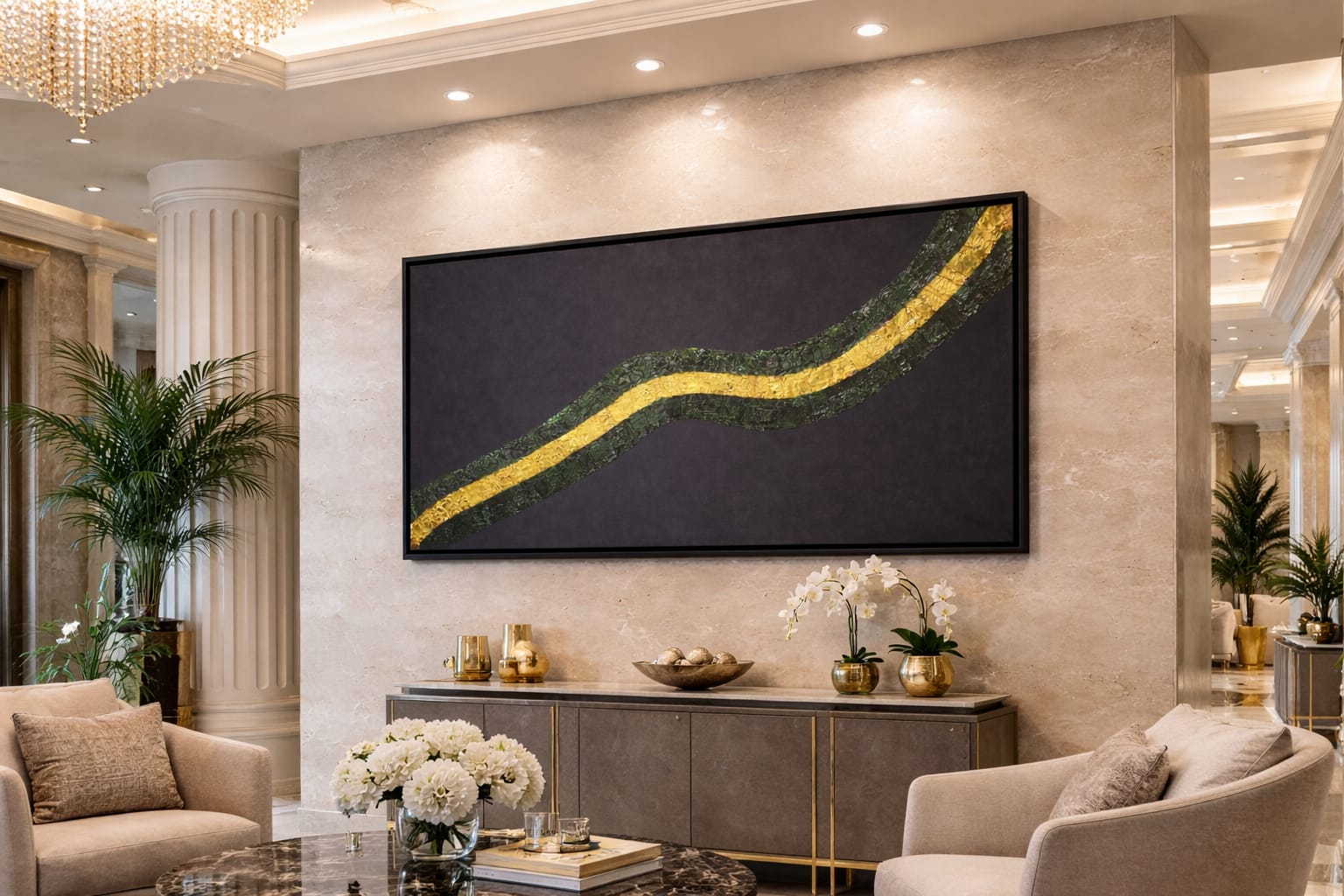 Golden River original textured abstract painting by CatArts, featuring a gold and green relief path on black canvas, displayed in a luxury marble-walled lounge.