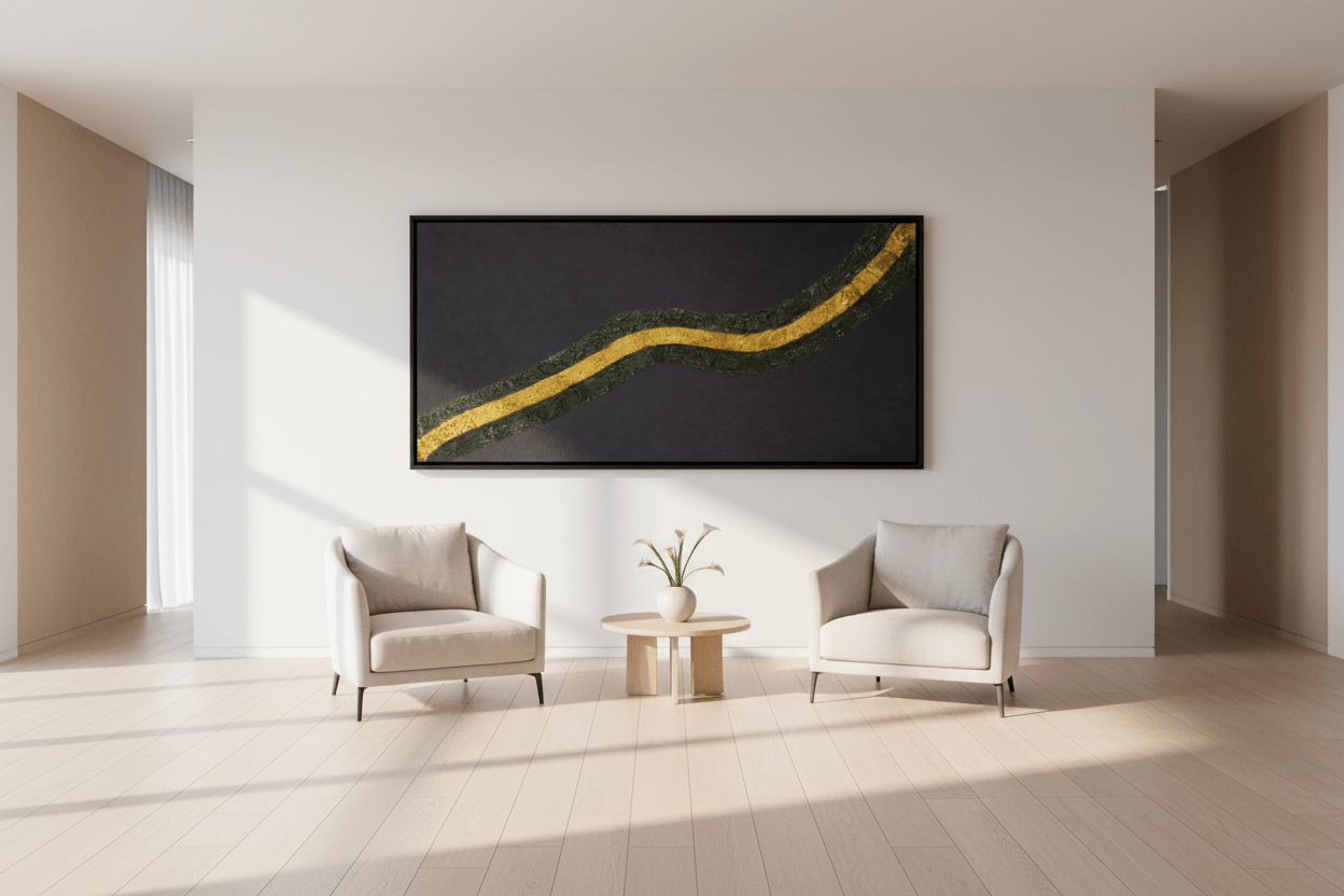 Horizontal black and gold abstract painting titled Golden River styled in a bright, white minimalist room with modern armchairs