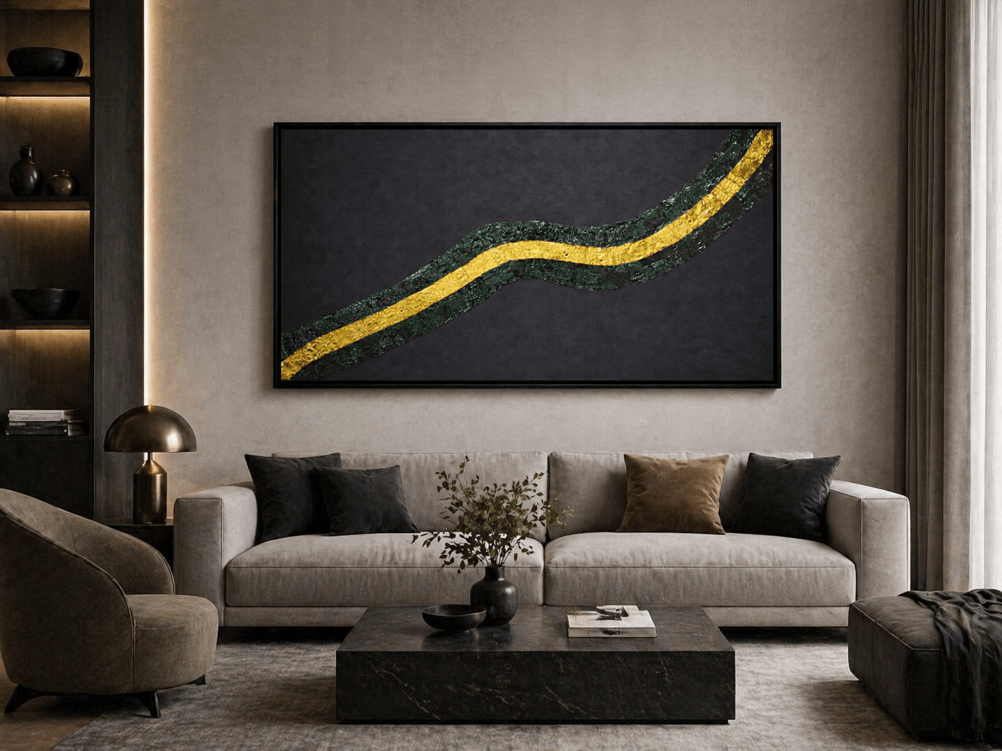 Large horizontal Golden River painting hanging above a contemporary beige sofa in a minimalist living room interior