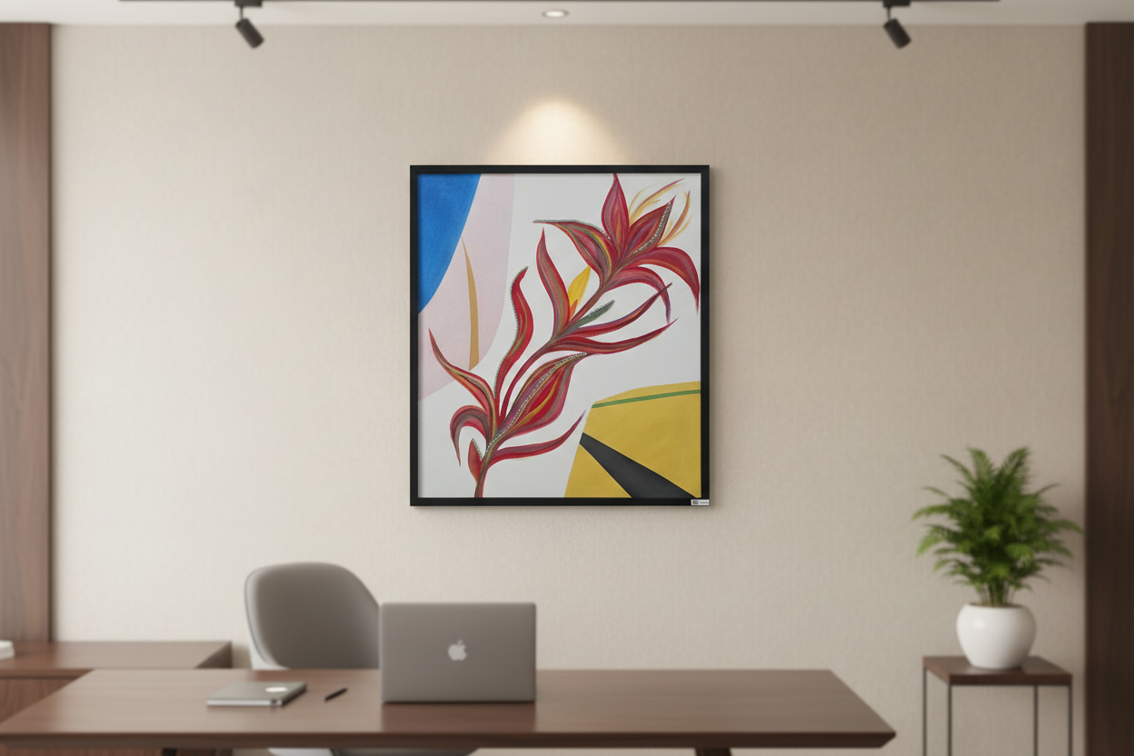 CatArts Heliconia Bloom original painting styled in a professional executive office above a wooden desk