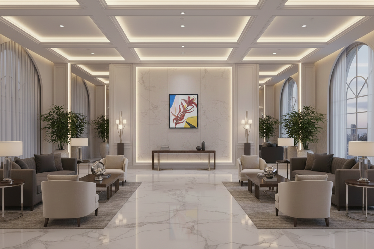 Vibrant red and yellow botanical art 'Heliconia Bloom' displayed in a grand luxury hall with marble interiors