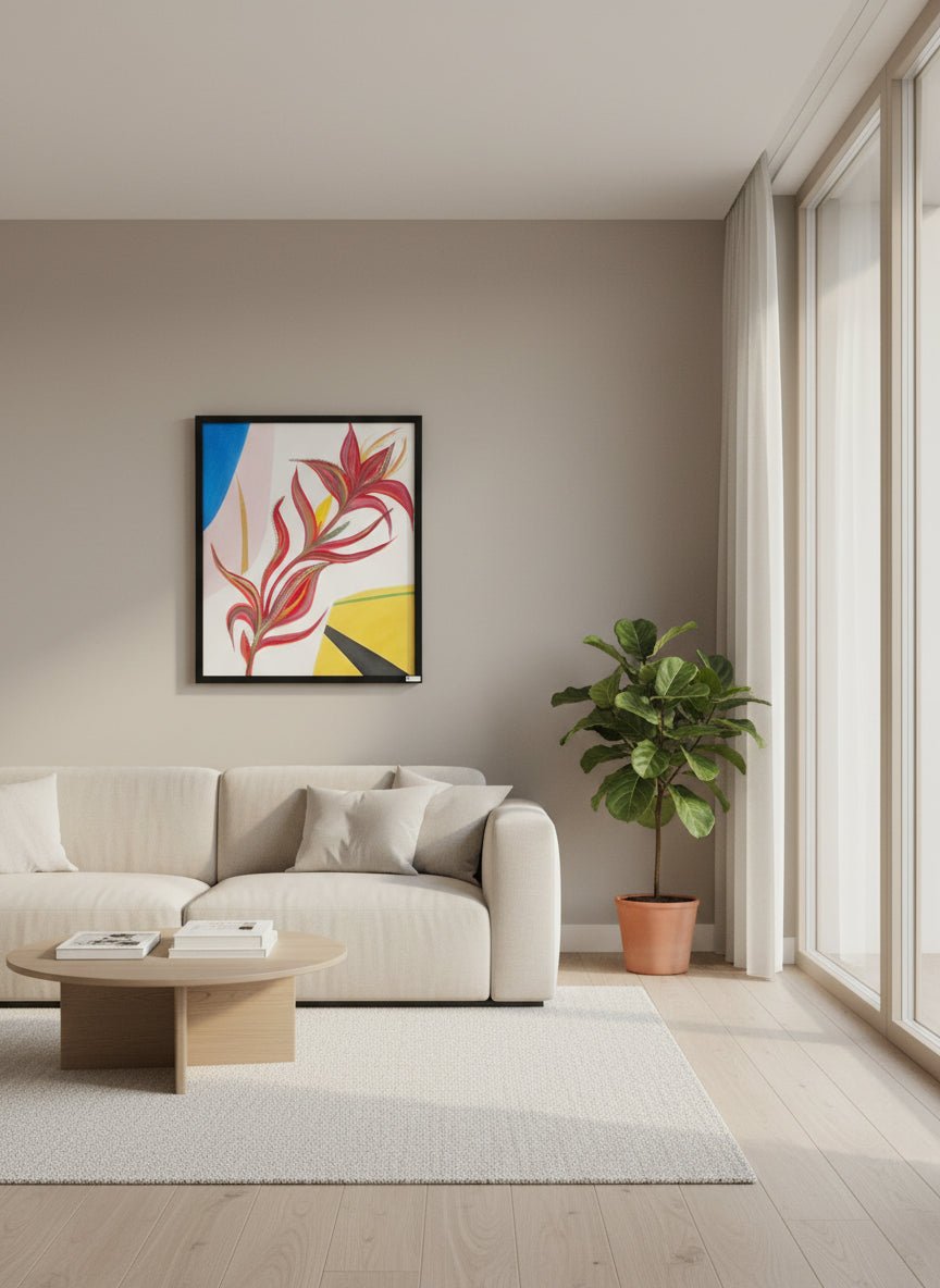 Heliconia Bloom original botanical abstract painting in a black frame styled in a bright, minimalist living room