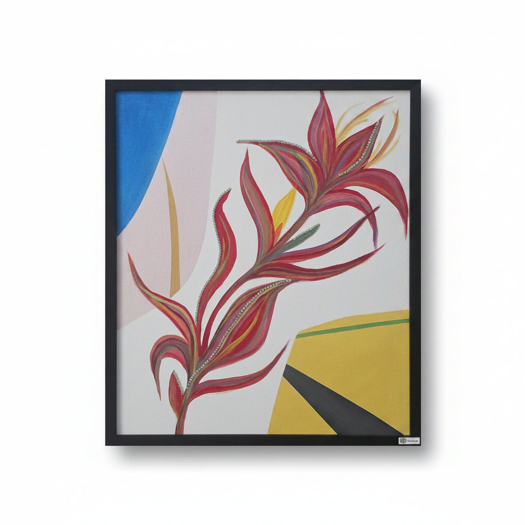 Full front view of Heliconia Bloom, showing the crimson flower structure and shimmering bejeweled details.