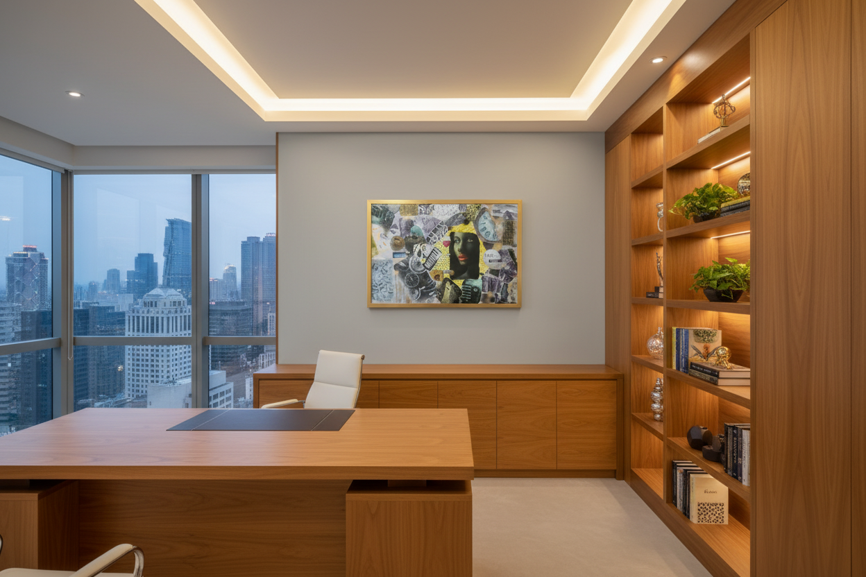 mpowering female-themed wall art 'Her Time, Her Story' styled in a modern executive office with wood shelves.