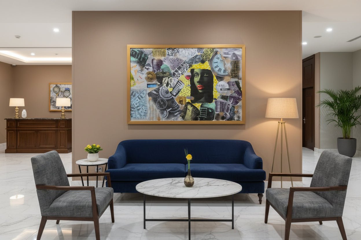Her Time, Her Story original mixed-media collage in a gold frame styled in a luxury navy blue lounge.