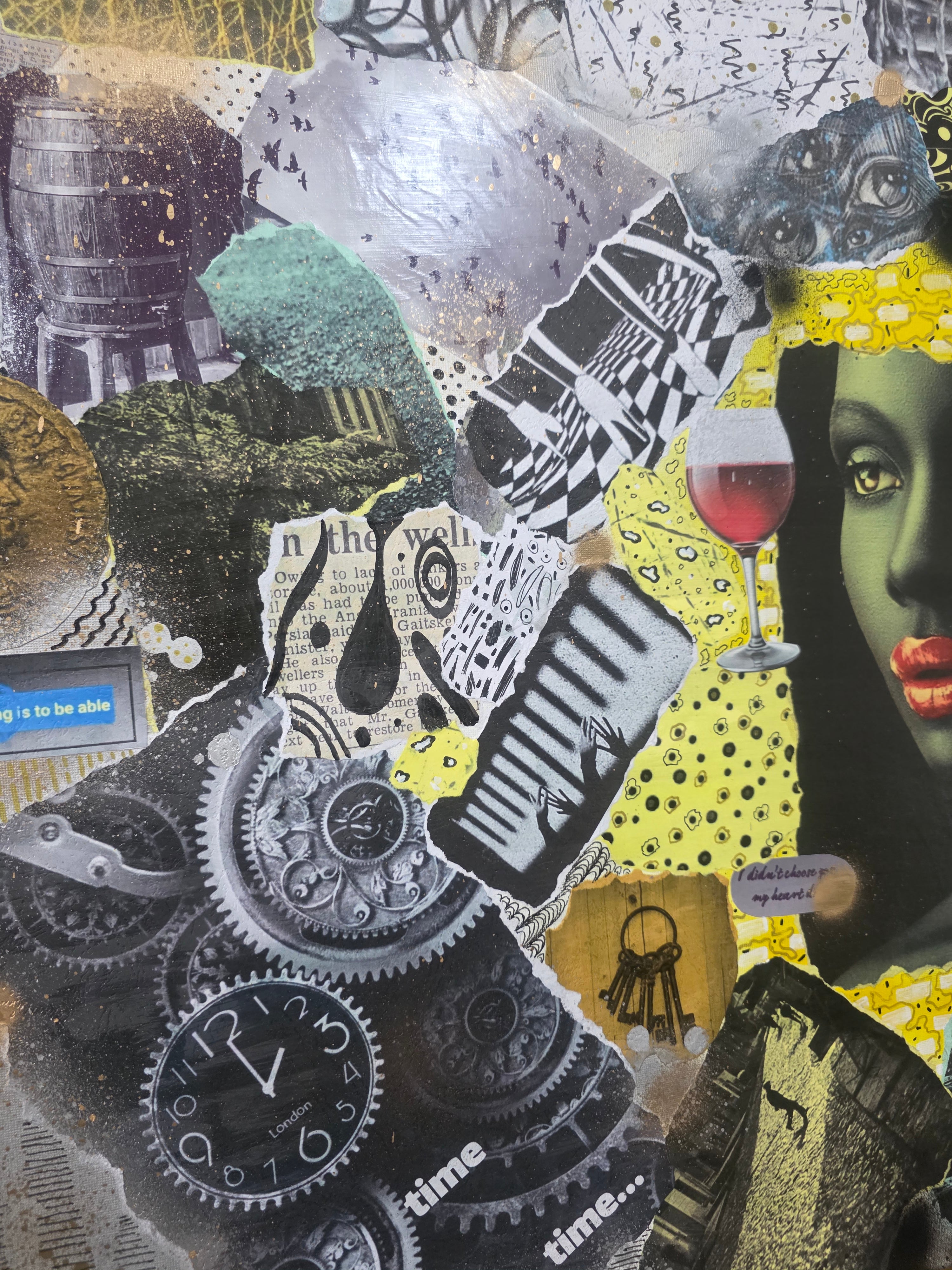 Close-up view of the hand-torn paper edges, gold leaf accents, and intricate layering on the Her Time, Her Story canvas.