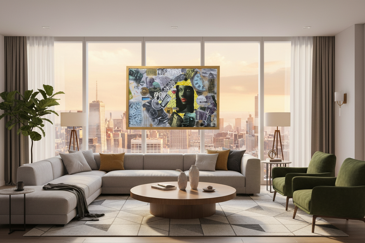 Large horizontal mixed-media art 'Her Time, Her Story' hanging in a contemporary living room above a grey sofa.