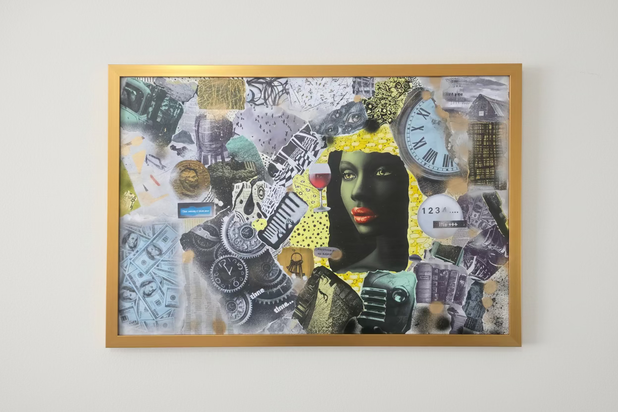Full front view of 'Her Time, Her Story' artwork, showcasing the central figure and vintage clock motifs.