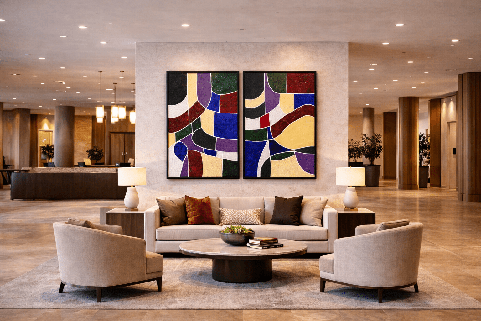 Architectures of Color, a large-scale textured abstract diptych in blue, burgundy, and gold, displayed in a luxury hotel lobby above a cream sofa.