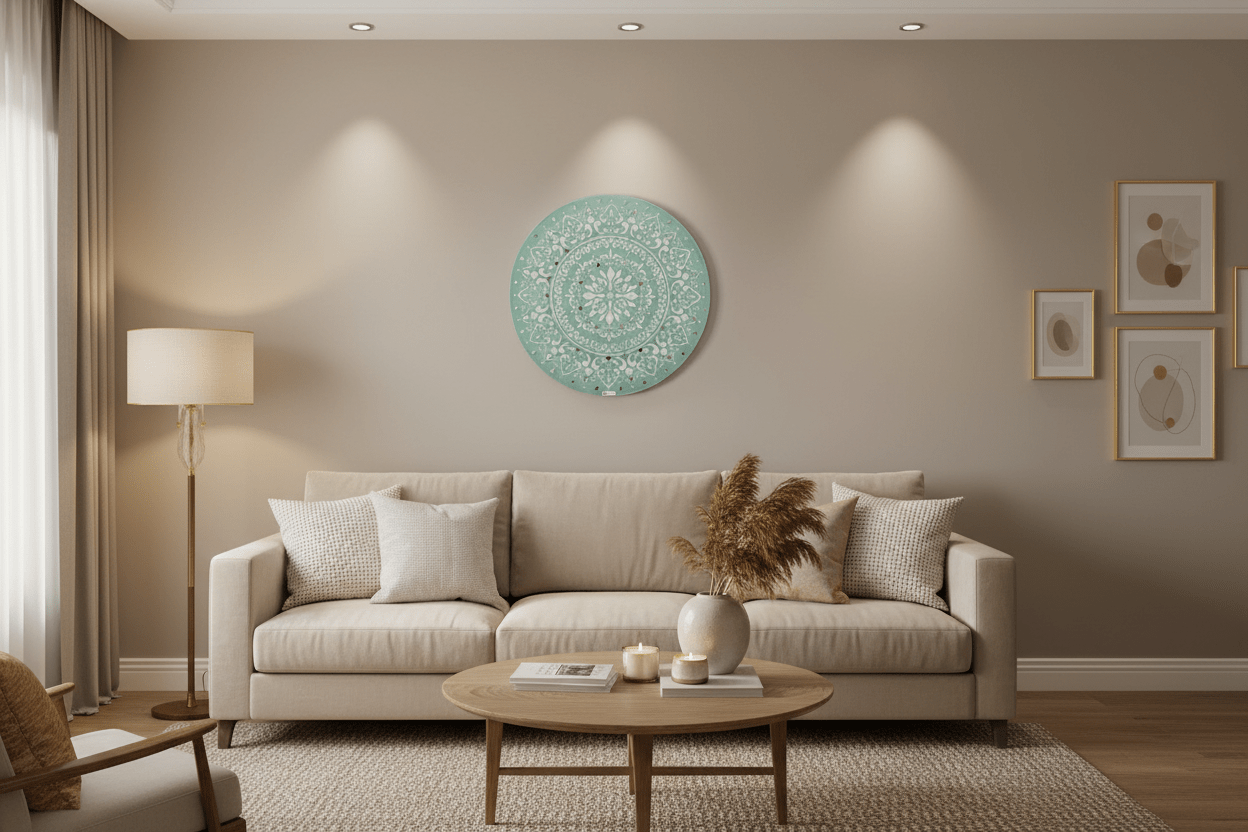 Mint Mandala Radiance original round 60cm painting displayed in a modern neutral living room above a cream sofa