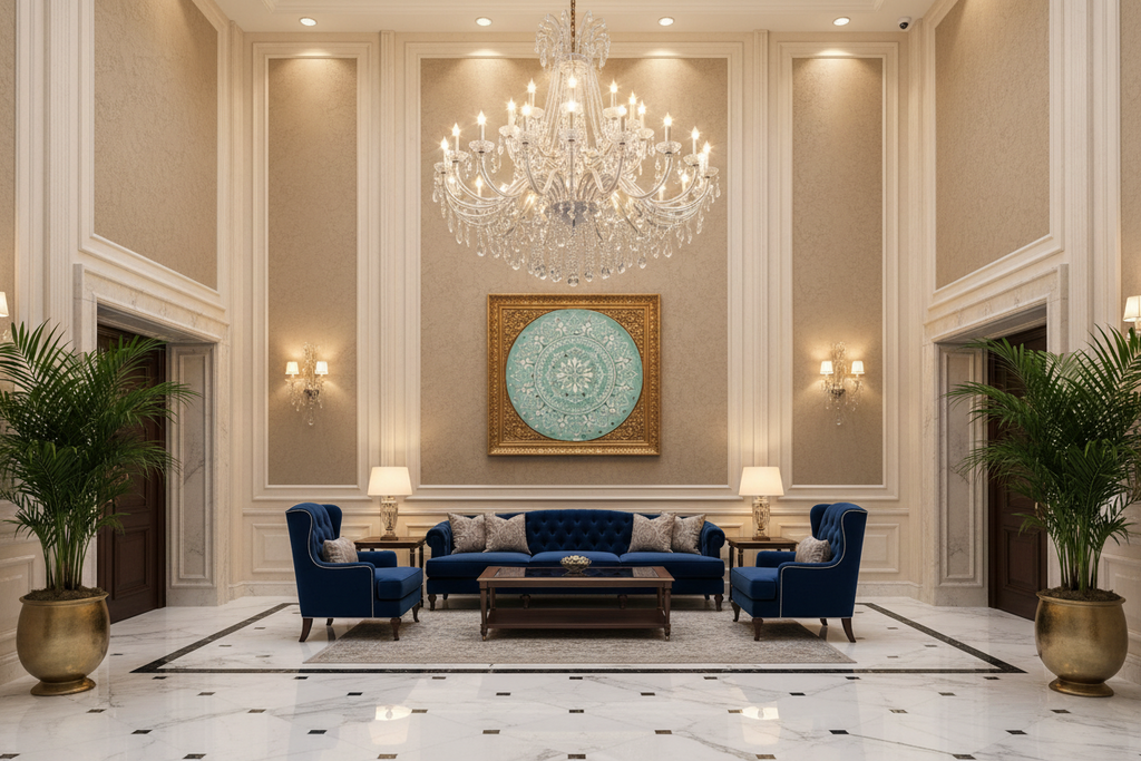Large circular mint green mandala painting 'Mint Mandala Radiance' styled in a grand luxury hall with marble flooring