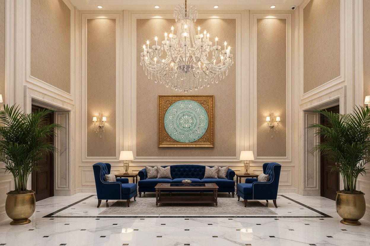 Large circular mint green mandala painting 'Mint Mandala Radiance' styled in a grand luxury hall with marble flooring