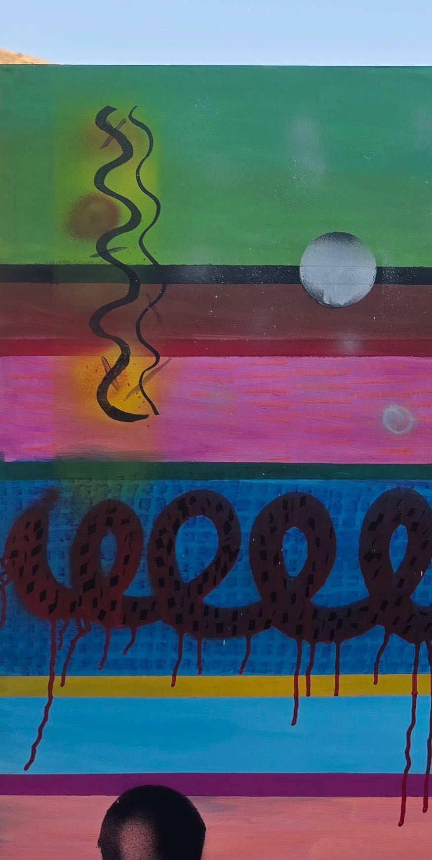 Detailed close-up of the high-relief drip texture and spray-paint effects on the 'Rhythms of Colors' canvas.