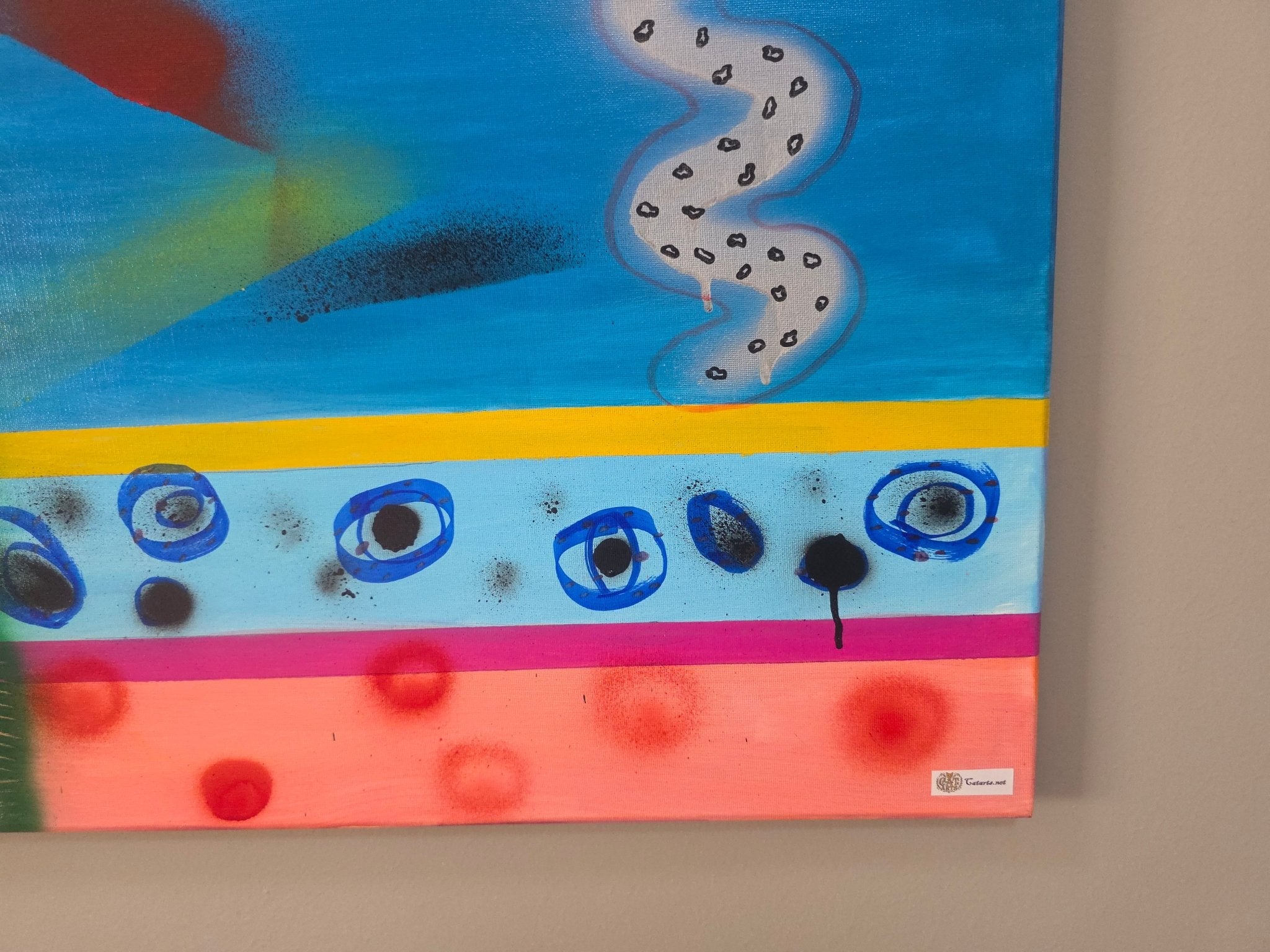 Detailed close-up of the high-relief drip texture and spray-paint effects on the 'Rhythms of Colors' canvas.
