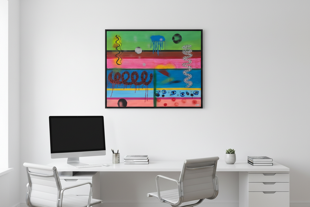 CatArts Rhythms of Colors original painting styled in a bright minimalist office above a white desk