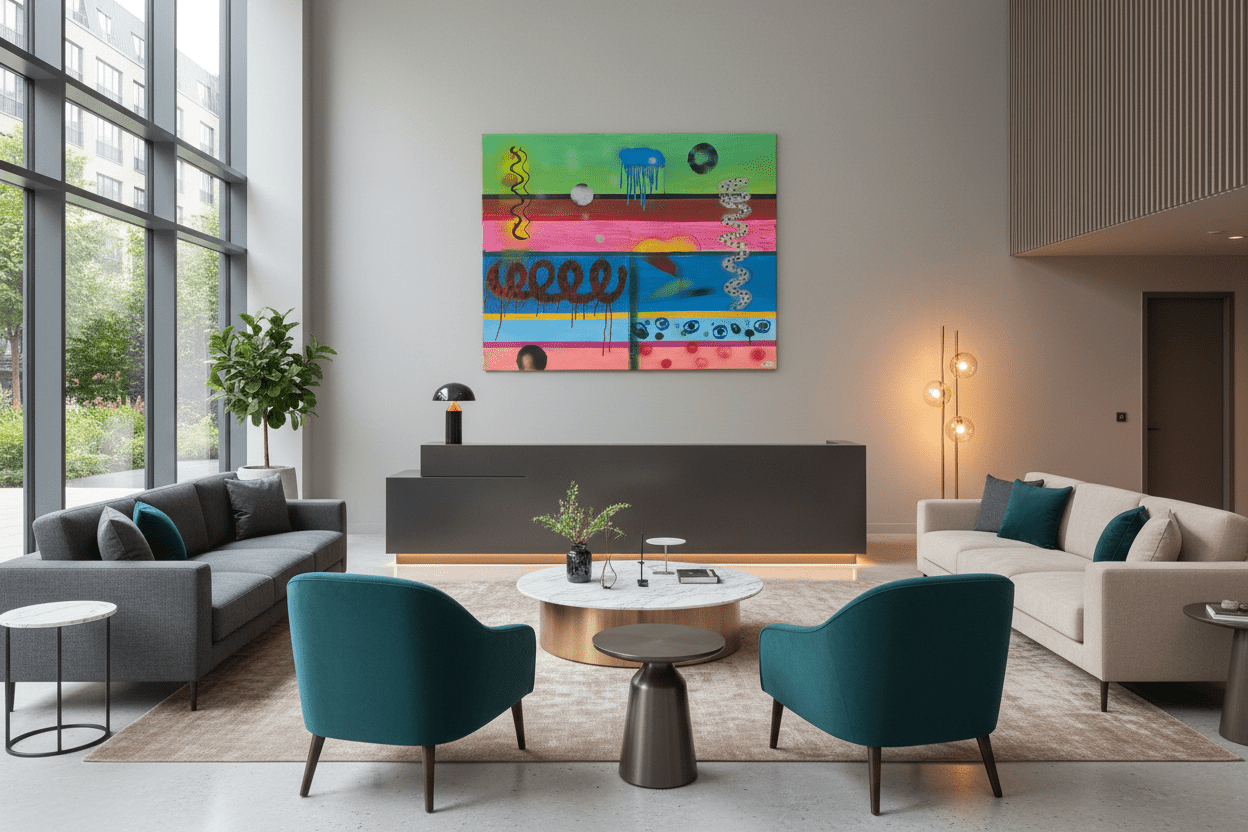 Rhythms of Colors large vibrant urban abstract painting styled in a luxury glass-walled office reception.