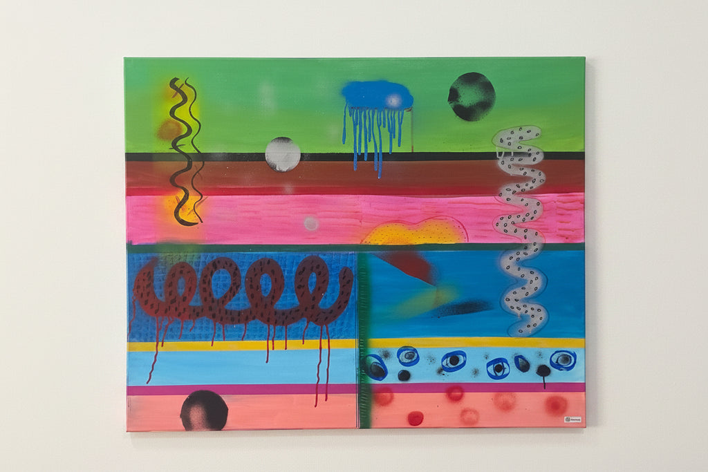 Full front view of the original Rhythms of Colors artwork, showcasing the neon pink, blue, and textured drip details