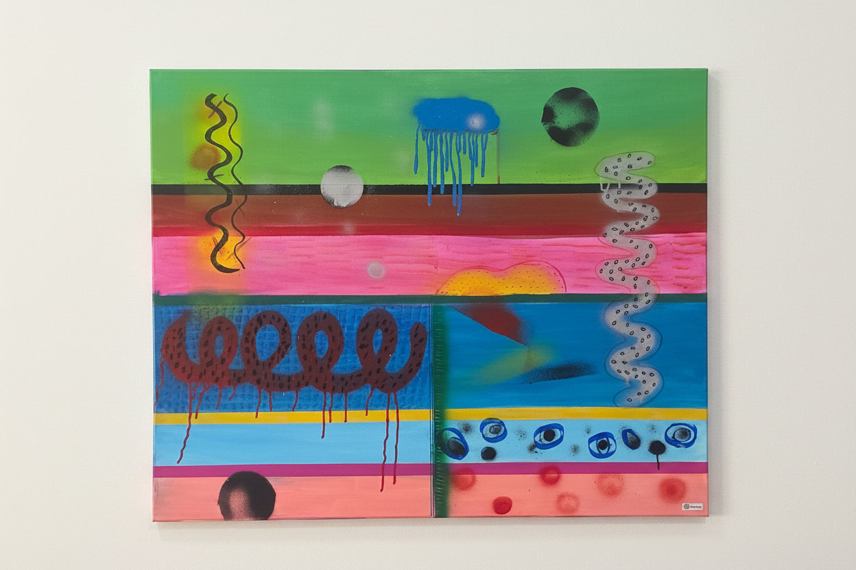 Full front view of the original Rhythms of Colors artwork, showcasing the neon pink, blue, and textured drip details