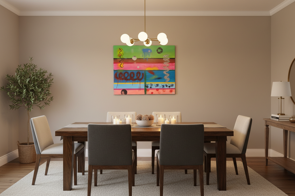 Maximalist colorful wall art 'Rhythms of Colors' hanging in a contemporary dining room with neutral furniture.