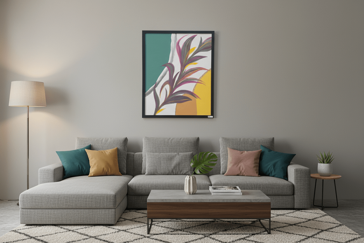 Ripples and Reeds original botanical abstract painting in emerald green and yellow displayed above a grey sofa.