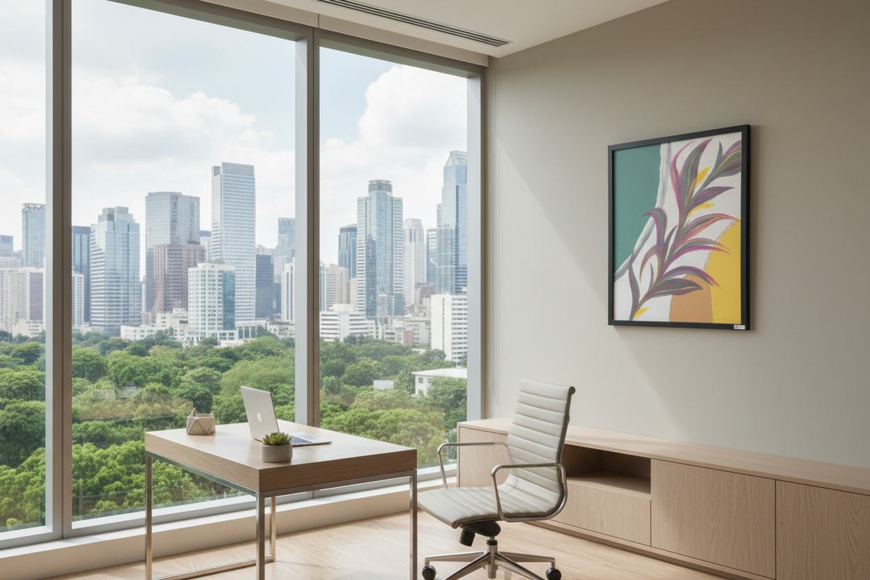 Modern tropical abstract art 'Ripples and Reeds' styled in a luxury executive office with city views